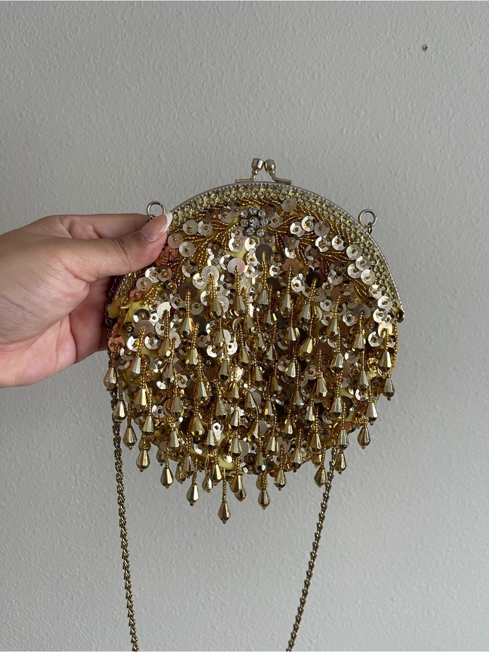 Gold Beaded Evening Clutch with Chain Strap - Picture 2 of 8